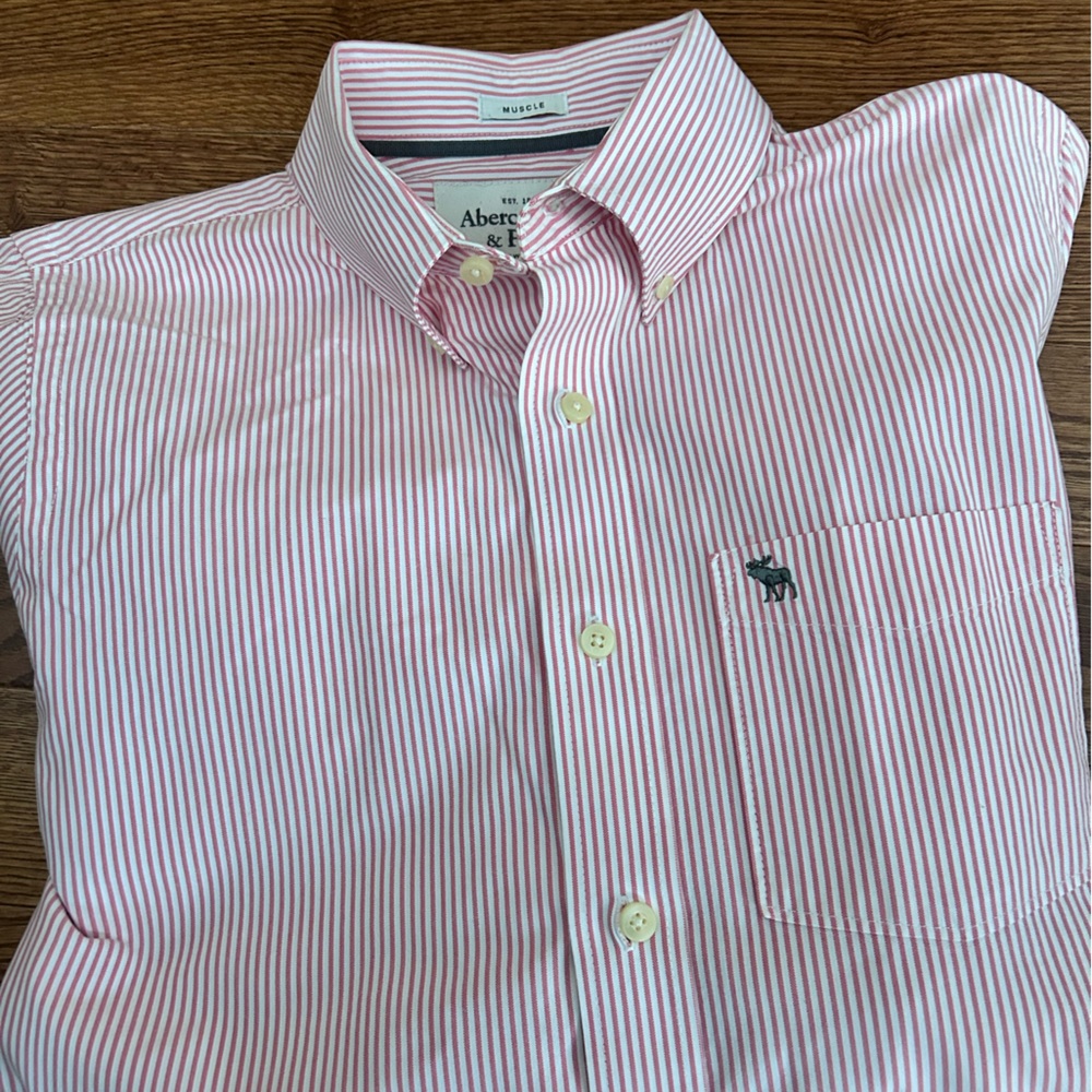 Abercrombie & Fitch Men's Muscle Fit pinkish/ red  and White Striped Shirt